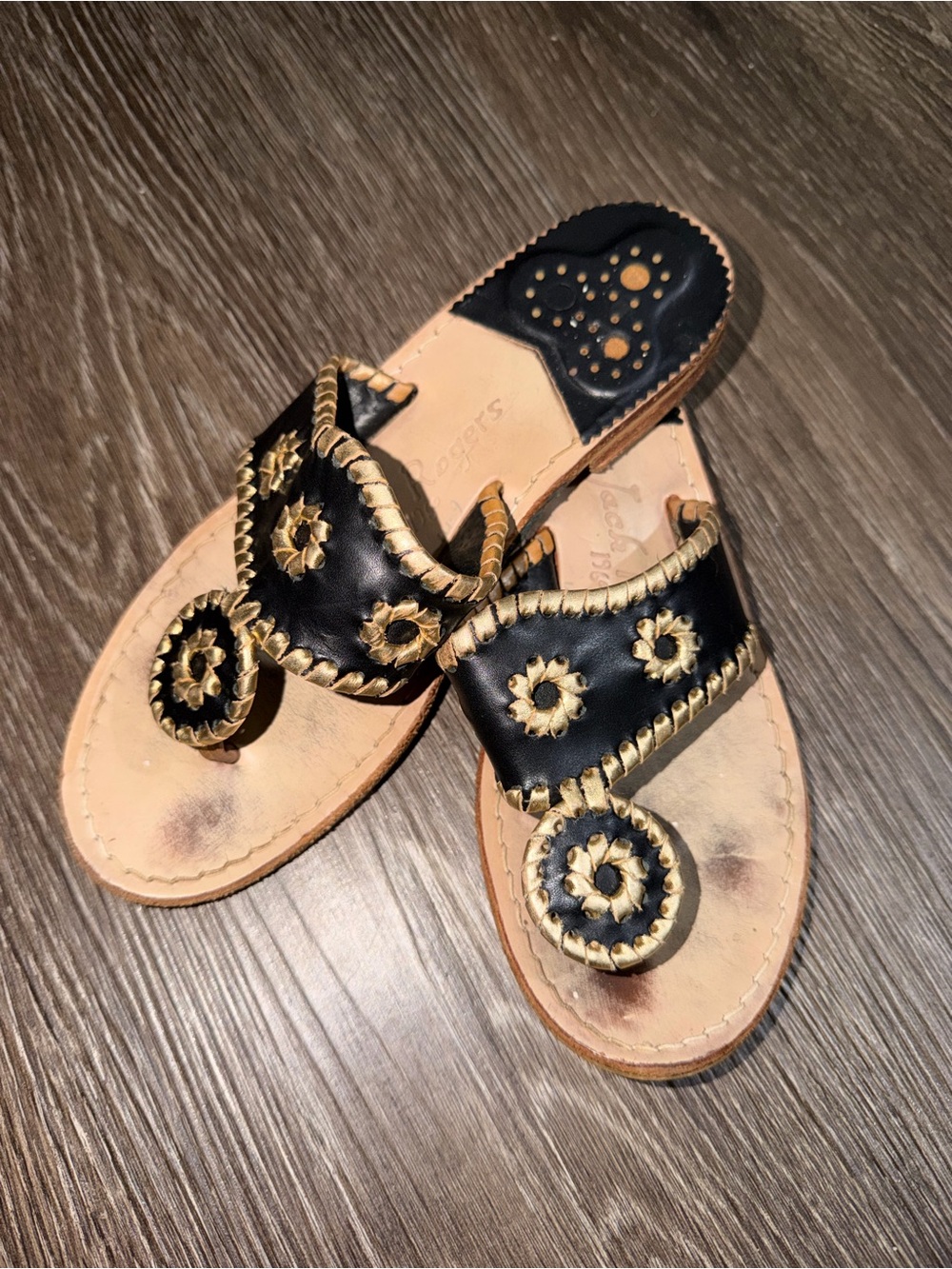 Jack Rogers Black and Tan Leather Thong Sandals with Gold Stitching